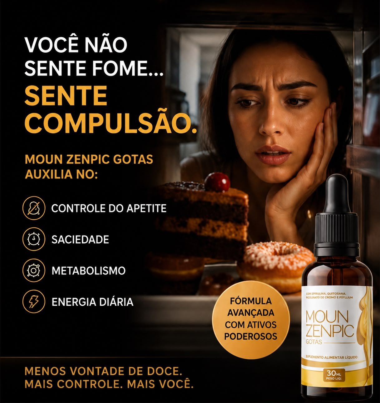 Mulher diante da geladeira — compulsão alimentar e controle do apetite com Moun Zenpic Gotas